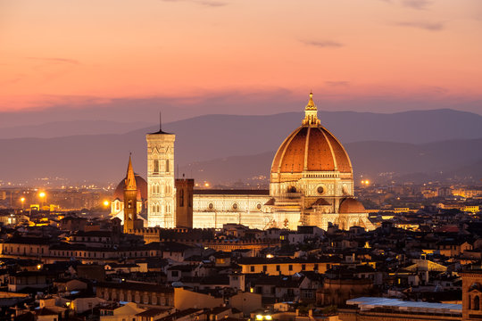 Sunset in Florence with a view of the Duomo and the medieval city
