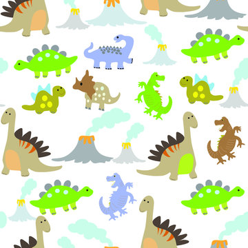 Seamless vector pattern with cute baby dinosaurs and volcano.