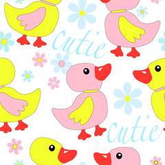 Seamless vector pattern with cute ducks and flowers.