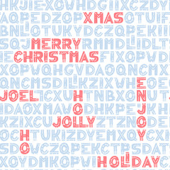 Seamless typographic Christmas background design for greeting cards with seasonal messages in decorative text.