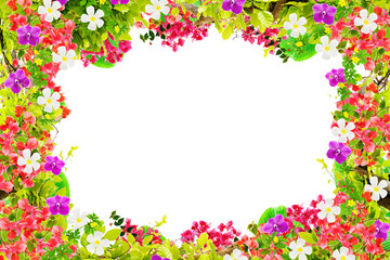 Beautiful green leaves frame with flower on white background