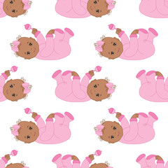 Obraz premium Vector Seamless Pattern with Cute African American Baby Girl