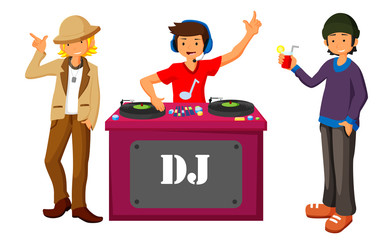 Young DJ mixing music on turntables on the stage of nightclub flat design 