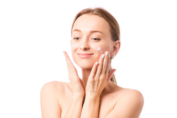 Beautiful woman face cream cosmetology