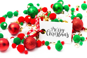 Mockup card and  red and green balls with christmas decoration