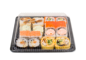 assorti sushi set in open plastic box isolated on white background