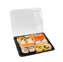 assorti sushi set in open plastic box isolated on white background