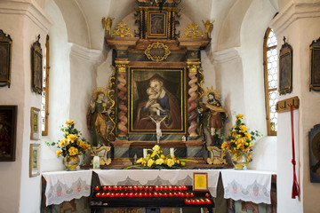 Fototapeta na wymiar Architecture interior of small church for Swiss people and foreigner travelers praying and visit at Samnaun village