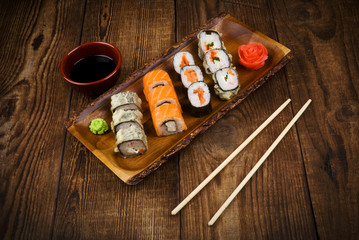 sushi on wooden table