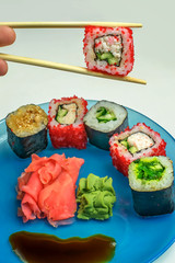 sushi rolls with chopsticks on a plate with ginger, mustard and soy as traditional Japanese cuisine