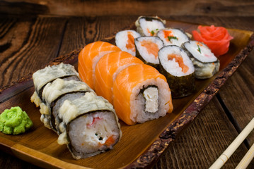 sushi on wooden table