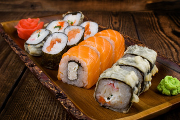 sushi on wooden table