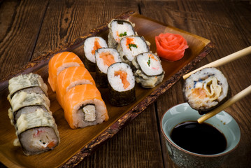 sushi on wooden table