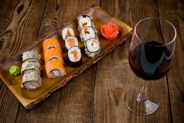 sushi on wooden table