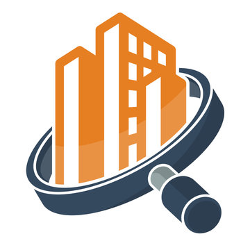 logo icon with search / review / inspection concept, for real estate / building inspector business, illustrated with magnifying glass and building