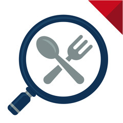 abstract icon to search where to eat, illustrated with a magnifying glass and cutlery