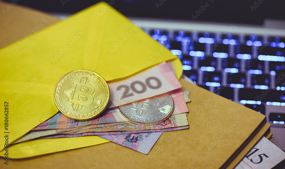 Poster bitcoin gold coin lies in an envelope with money on the background of the computer and the rising gr
