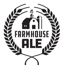 Farmhouse Ale Badge or Label.  Craft beer vector design features wheat or barley wreath with barn, silo and weather vane. © rockindaddy