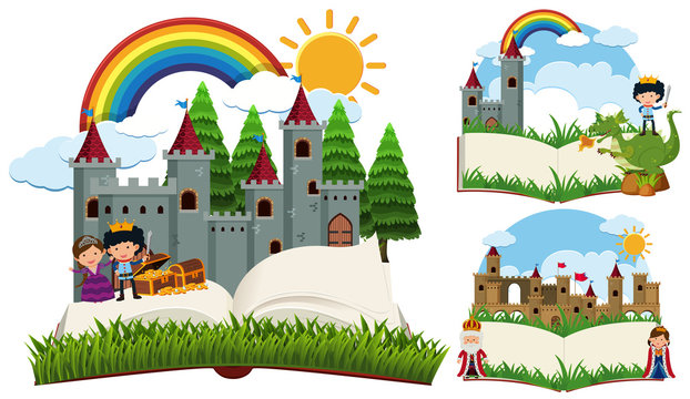 Storybook with fairytale characters and castles