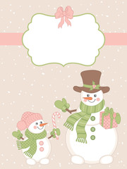 Vector Christmas and New Year Card Template with Cute Snowmen and Winter Elements