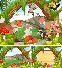 Three forest scenes with animals and plants