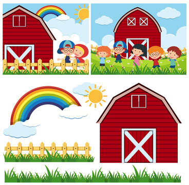 Two farm scenes with red barn and happy children