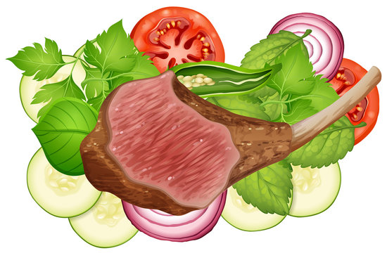 Steak and vegetables on white background