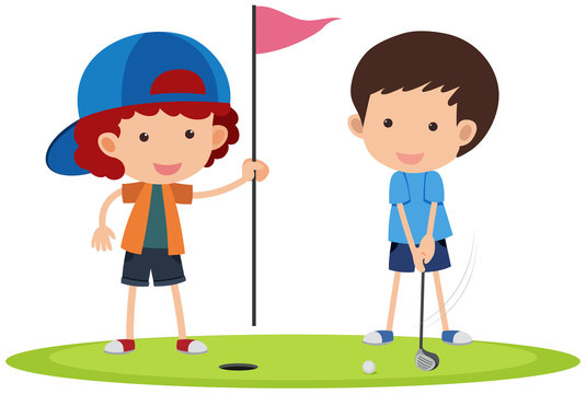 Two boys playing golf