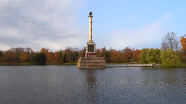View of the Chesme column on the Big pond. Tsarskoye Selo