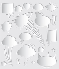 A set of comic speech bubbles and elements with halftone shadows