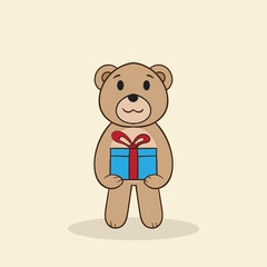 cute teddy bear holding gift box cartoon illustration