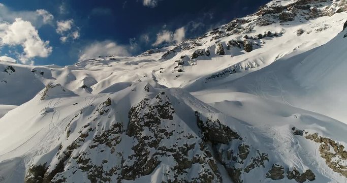 Snowy Backcountry Andes Mountains Sunny Day Winter Weather - Cajon de Maipo, Chile Aerial Drone View