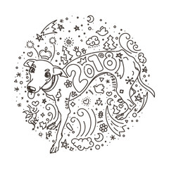 Yellow dog for New Year 2018, cute symbol of horoscope. Cute and pretty italian greyhound for holidays. Cute puppy in cartoon doodle style.