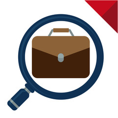 Abstract logo icon with job search concept, recruitment. Illustrated with a magnifying glass and an employee briefcase