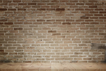 Empty wood table top grunge red brick wall background. For display or montage your products.