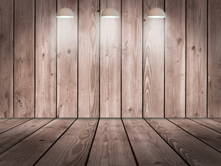 Wood walls and floor for background with light bulbs