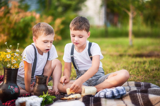 Boys play on the ground in the summer. 2 Brothers sit in stylish checkered shorts with suspenders. A child cuts homemade goat cheese on a board. Funny family photo. Place for your text.