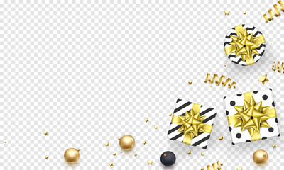New Year or Christmas greeting card background template of golden gift ribbon or gold glittering star confetti on premium white transparent. Vector Christmas winter holiday decoration sale banner