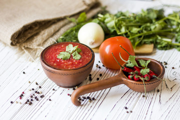 vegetarian dishes and vegetables - onion, tomato, chilli and fresh herbs - dill parsley Basil