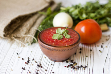 vegetarian dishes and vegetables - onion, tomato, chilli and fresh herbs - dill parsley Basil