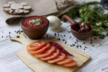 vegetarian dishes and vegetables - onion, tomato, chilli and fresh herbs - dill parsley Basil