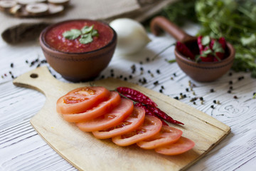 vegetarian dishes and vegetables - onion, tomato, chilli and fresh herbs - dill parsley Basil