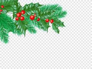 Christmas greeting card template background of holly leaf wreath and Christmas lights garland on New Year fir or pine tree decoration. Vector Christmas tree ornament for New Year winter holiday banner