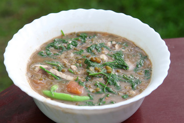 Mongo green beans soup with bittergourd leafy vegetable