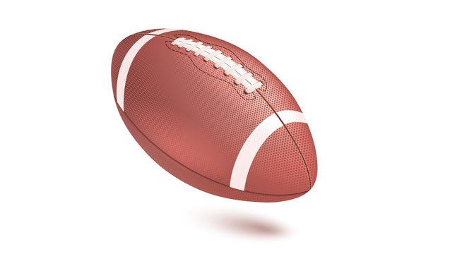 American striped football ball, diagonal position in frame. Horizontal realistic vector 3D illustration isolated on white background. Icon of the flying Rugby ball with shadow.