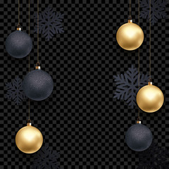 New Year or Christmas greeting card background template of golden ball decoration on premium black. Vector Christmas winter holiday snowflake pattern decoration for New Year party or sale poster