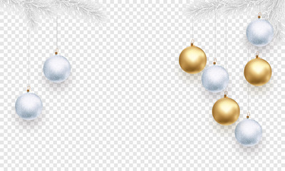 Christmas or New Year holiday background template of golden decoration, gift golden ribbon bow or gold confetti on transparent black. Vector Christmas tree greeting card or premium sale design