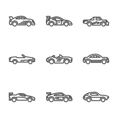 Linear car icon with outline and different kind of car