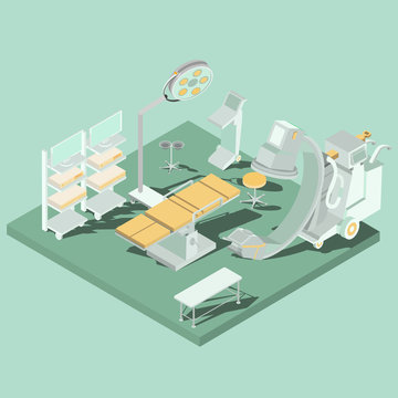 Vector isometric interior of operating theater, operating room with operating table, medical and lighting equipment. Concept of acute surgery, plastic surgery
