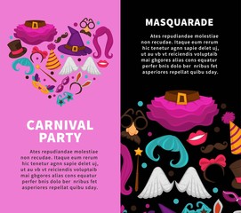 Obraz premium Carnival masquerade party poster of masks and costume accessory vector flat icons